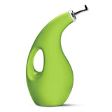 Green curved bottle with handle and a metal spout.