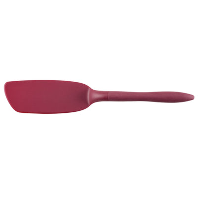 Red silicone spatula with a rectangular head and smooth handle.