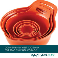 Set of orange nesting bowls with handles, labeled "Rachael Ray.