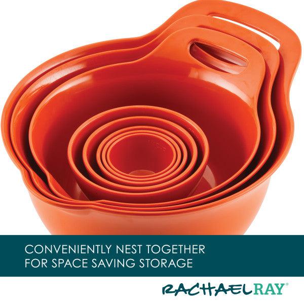 Set of orange nesting bowls with handles, labeled "Rachael Ray.