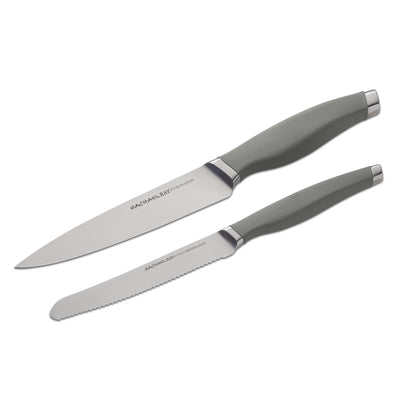 Two kitchen knives with silver blades and gray handles on a white background.