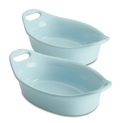 Two light blue oval baking dishes with handles.