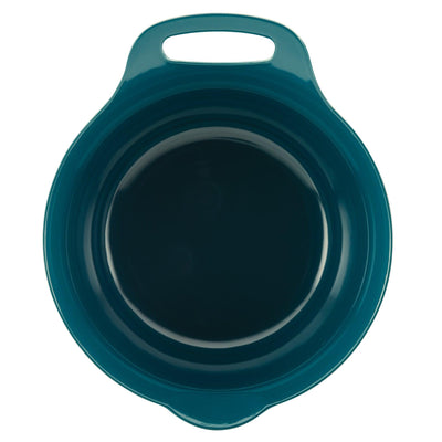 Top view of a deep teal plastic bowl with handles.