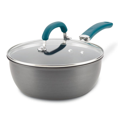 Gray saucepan with a glass lid and teal handles on a white background.