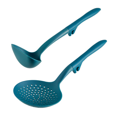 Teal soup ladle and skimmer set on a white background.