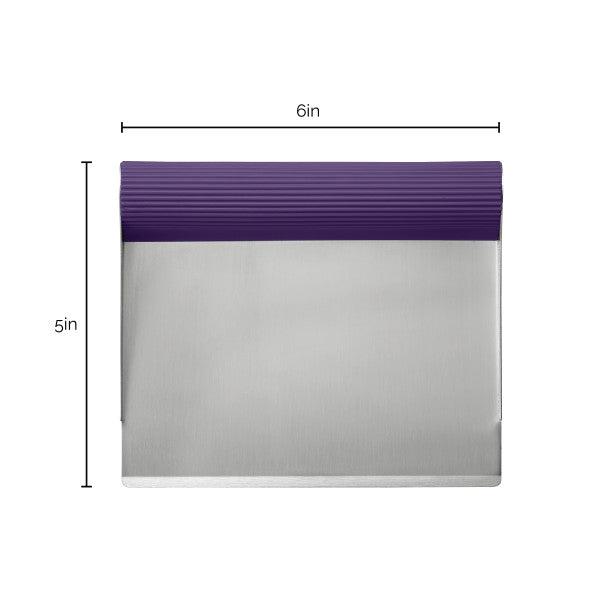 The Bench Scrape - Rachael's Food Mover is a versatile kitchen tool featuring a durable stainless steel design with a purple handle, measuring 6 by 5 inches. It's perfect for moving food effortlessly around your kitchen workspace.