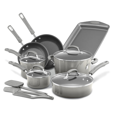 Gray nonstick cookware set with pots, pans, lids, and utensils.