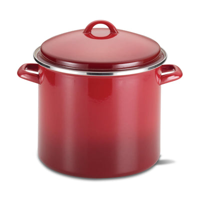 Red lidded stockpot with two side handles on a white background.