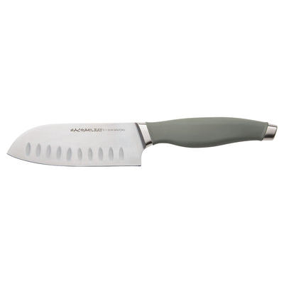 Santoku knife with gray handle and a blade featuring oval indents.