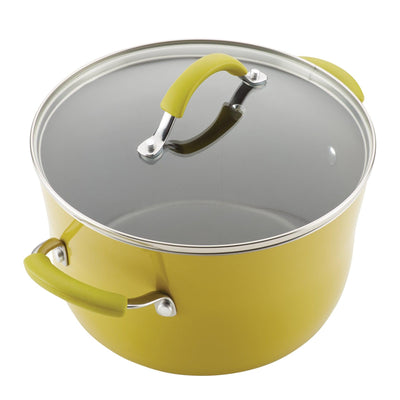 Yellow pot with a glass lid and green handles.