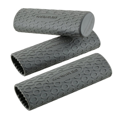 Three gray barrel-shaped grips with textured surfaces, arranged diagonally.