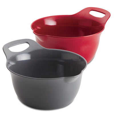 Two plastic mixing bowls, one red and one gray, with handles.