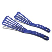 Two blue slotted spatulas with brand name on handles placed side by side.