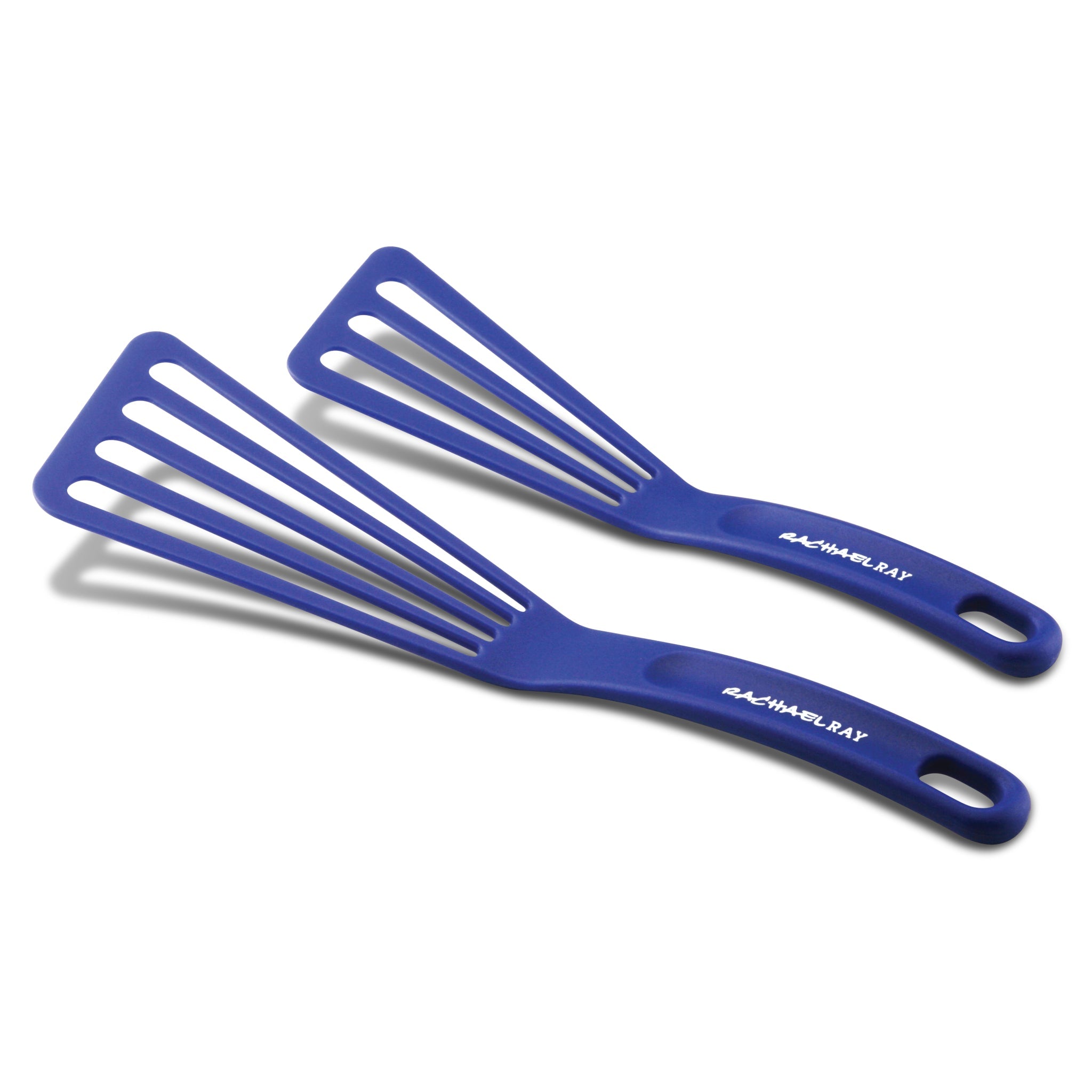 Two blue slotted spatulas with brand name on handles placed side by side.