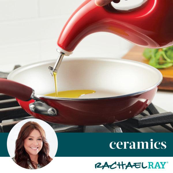 Pouring oil with precision from a 24-ounce EVOO bottle, the stainless steel pour spout glides smoothly into a red ceramic pan on the stove.