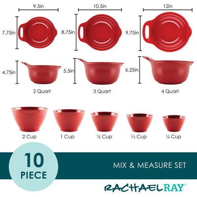 Red 10-piece mix and measure set with various bowl sizes displayed.