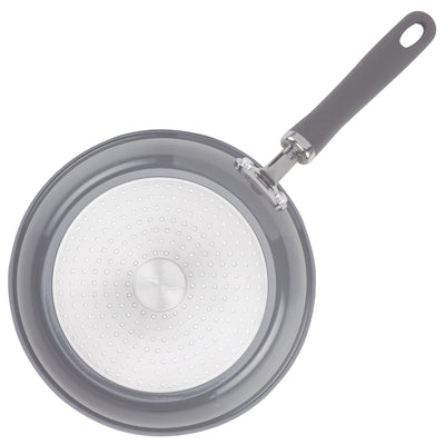 Top view of a gray frying pan with a black handle against a white background.