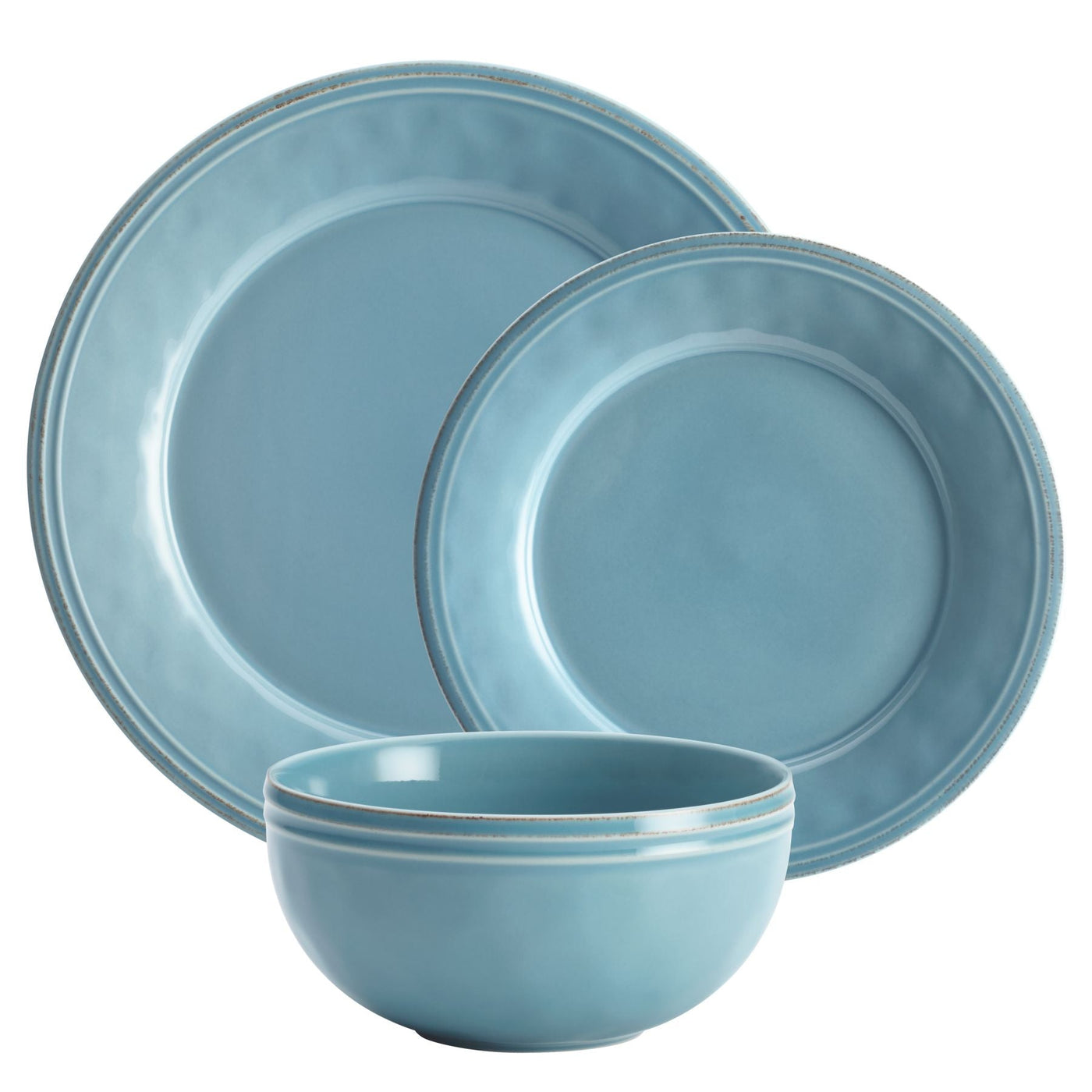 A set of three blue ceramic dishes: two plates and one bowl.