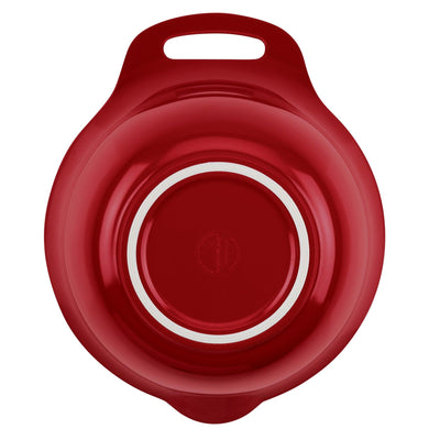 Red, round plastic bowl with a handle, viewed from above.