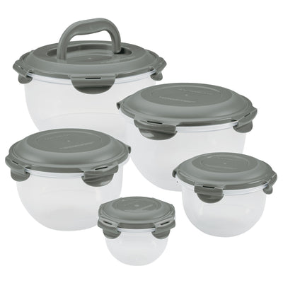 Five round, clear plastic containers with grey lids and clasps.