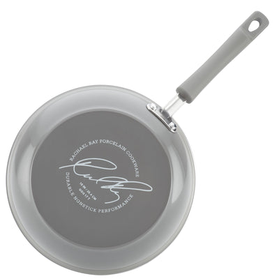 Gray nonstick frying pan with a grey handle, viewed from the bottom.