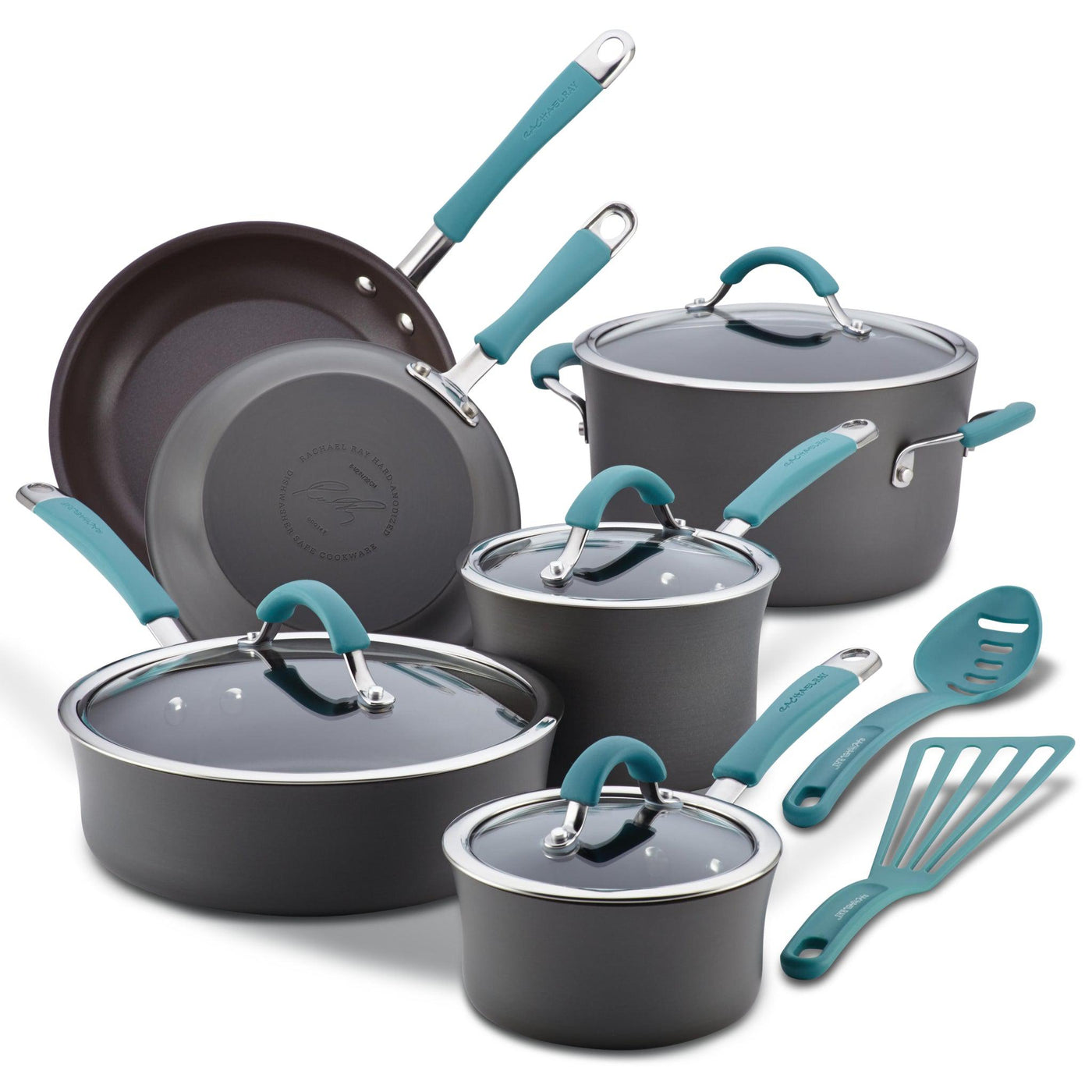 A set of dark gray pots, pans, and utensils with teal handles.