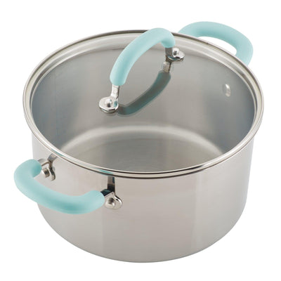 A stainless steel pot with light blue handles and a glass lid.