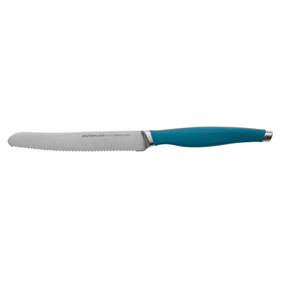 Serrated knife with a blue handle on a white background.