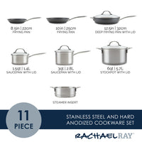 11-Piece Professional Hard-Anodized Nonstick and Induction Stainless Steel Cookware Set including frying pans, saucepans, a stockpot, and a steamer insert.