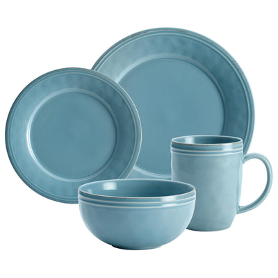 A set of blue ceramic dishes: plate, bowl, mug, and saucer.