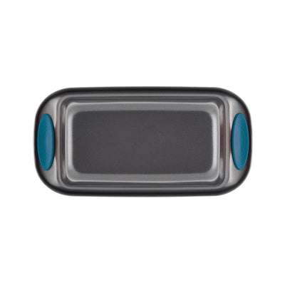 Rectangular baking tray with blue silicone grips at the ends.