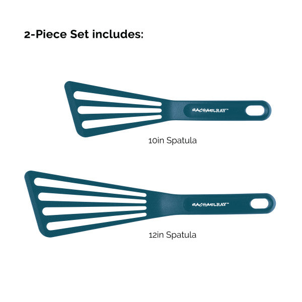 The 10-Inch & 12-Inch Nylon Spatula Set includes two teal cooking utensils that are heat safe, perfect for all your culinary needs.
