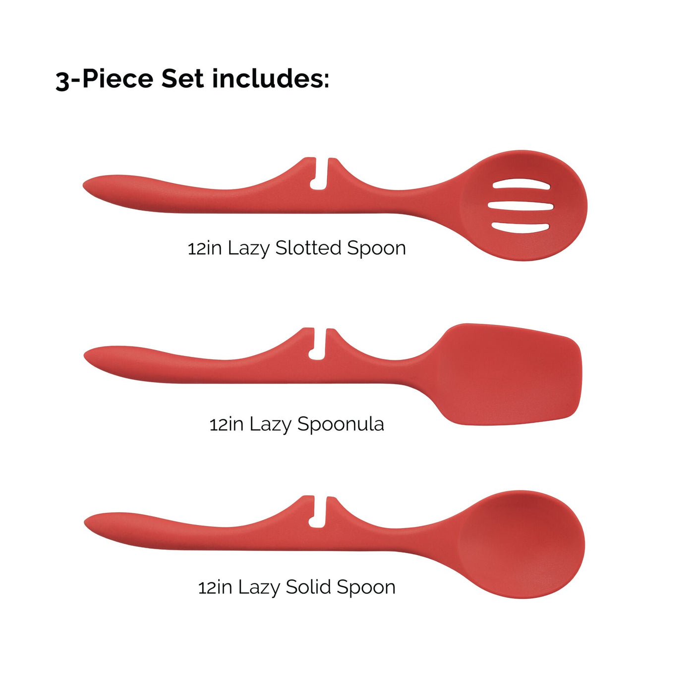 Image of a 3-piece red spoon set: slotted, spoonula, and solid spoon.