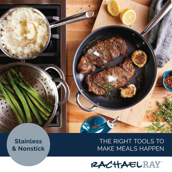 Used the 11-Piece Professional Hard-Anodized Nonstick and Induction Stainless Steel Cookware Set to cook steaks in a pan, served with mashed potatoes and asparagus on the side.