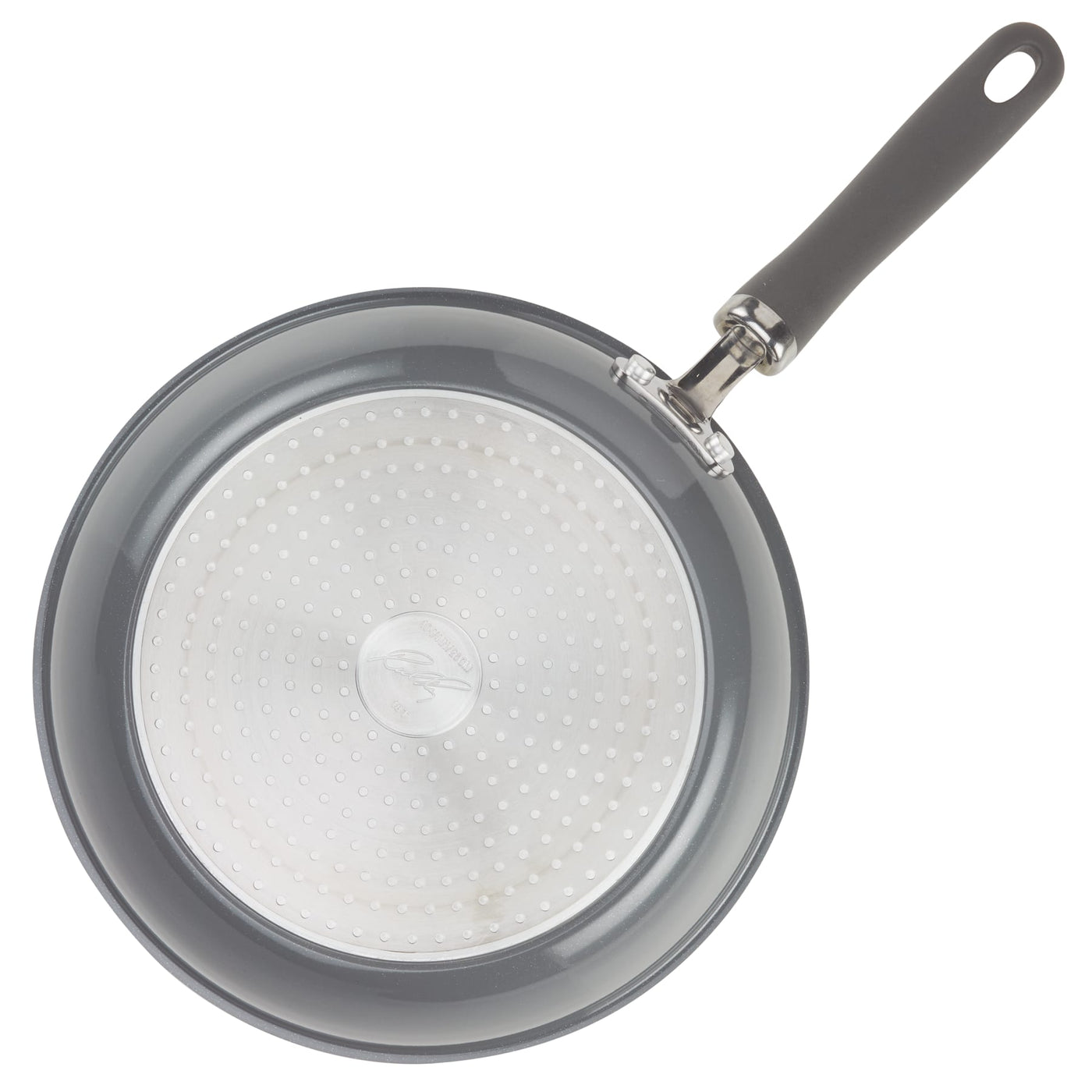Top view of a gray frying pan with a stainless steel base and black handle.