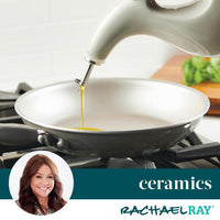 The olive oil flows precisely from the 24-ounce EVOO Bottle into a ceramic frying pan on the stovetop.