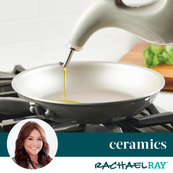 The olive oil flows precisely from the 24-ounce EVOO Bottle into a ceramic frying pan on the stovetop.