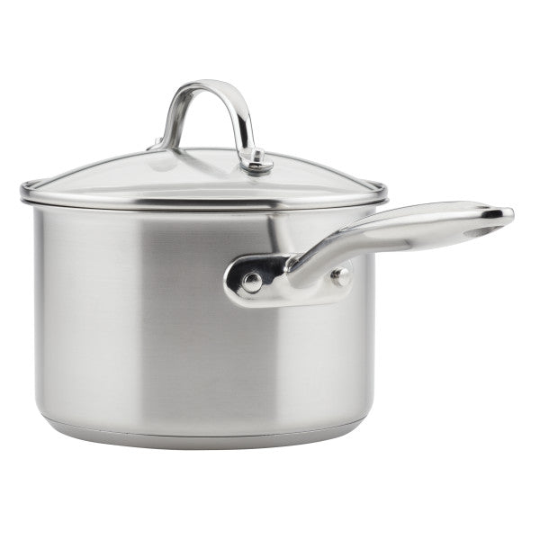 The 11-Piece Professional Hard-Anodized Nonstick and Induction Stainless Steel Cookware Set includes a stainless steel saucepan that boasts a glass lid and a long handle.