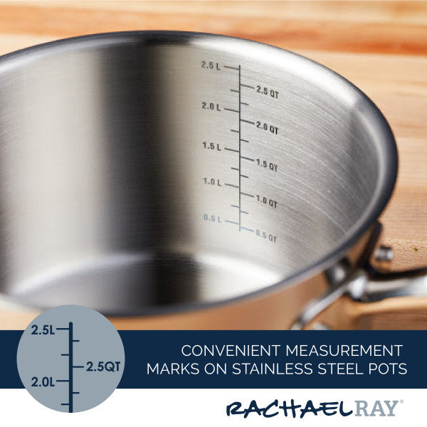 Stainless steel pot with convenient measurement marks inside, included in our 11-Piece Professional Hard-Anodized Nonstick and Induction Stainless Steel Cookware Set.