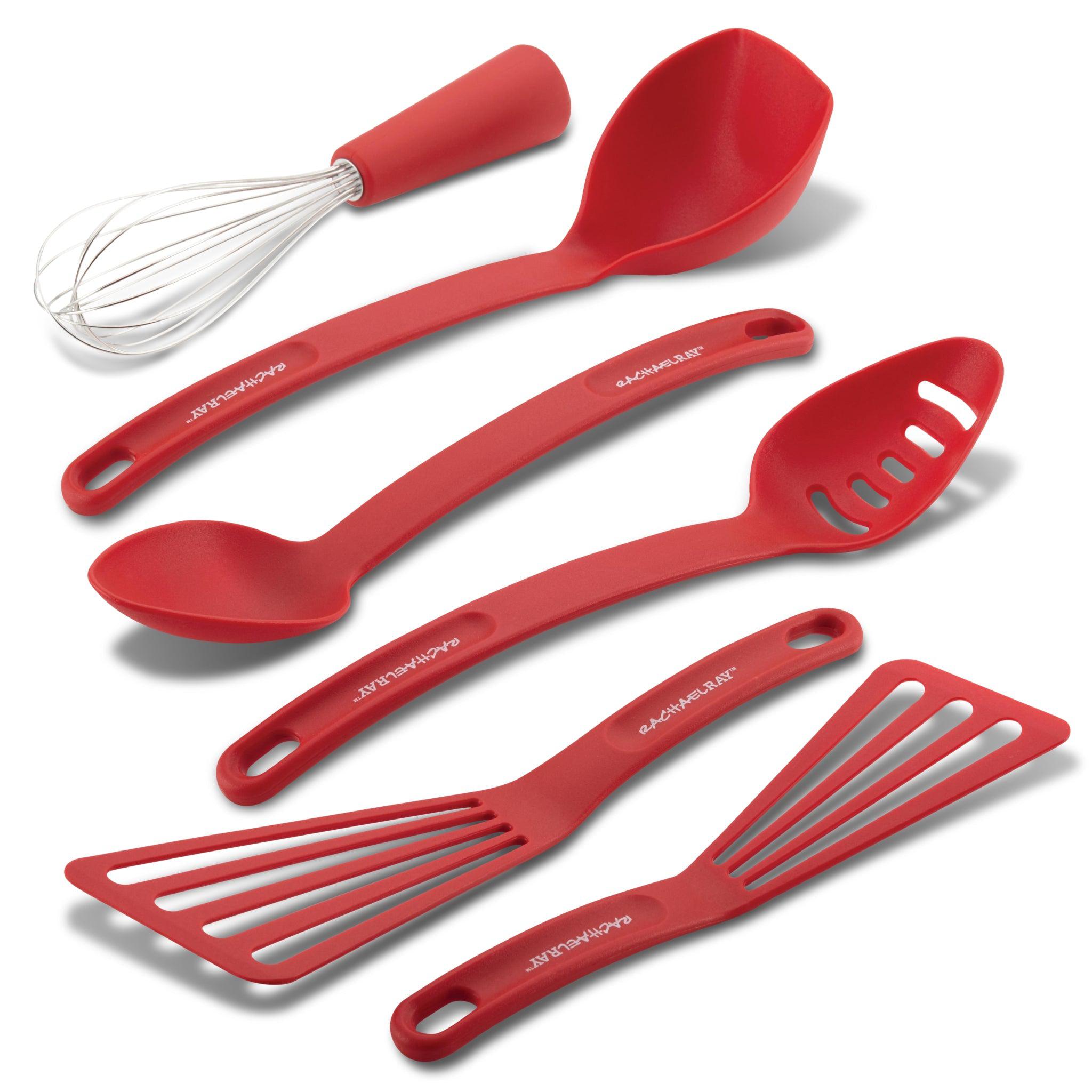 Red kitchen utensil set with a whisk, spoon, slotted spoon, spatula, and turner.