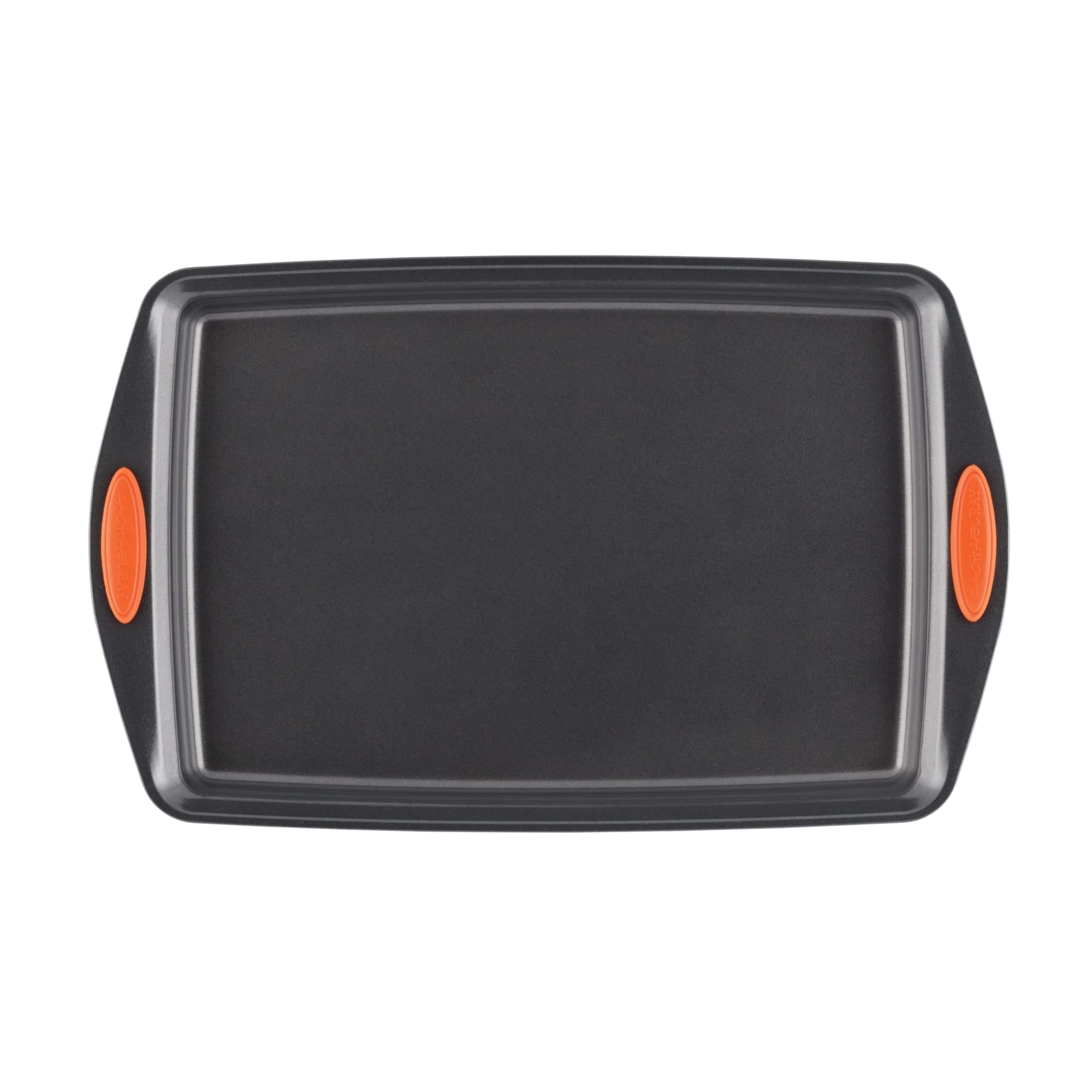 Black baking sheet with orange handles, viewed from above.