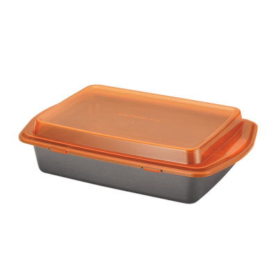 Rectangular baking dish with an orange lid.