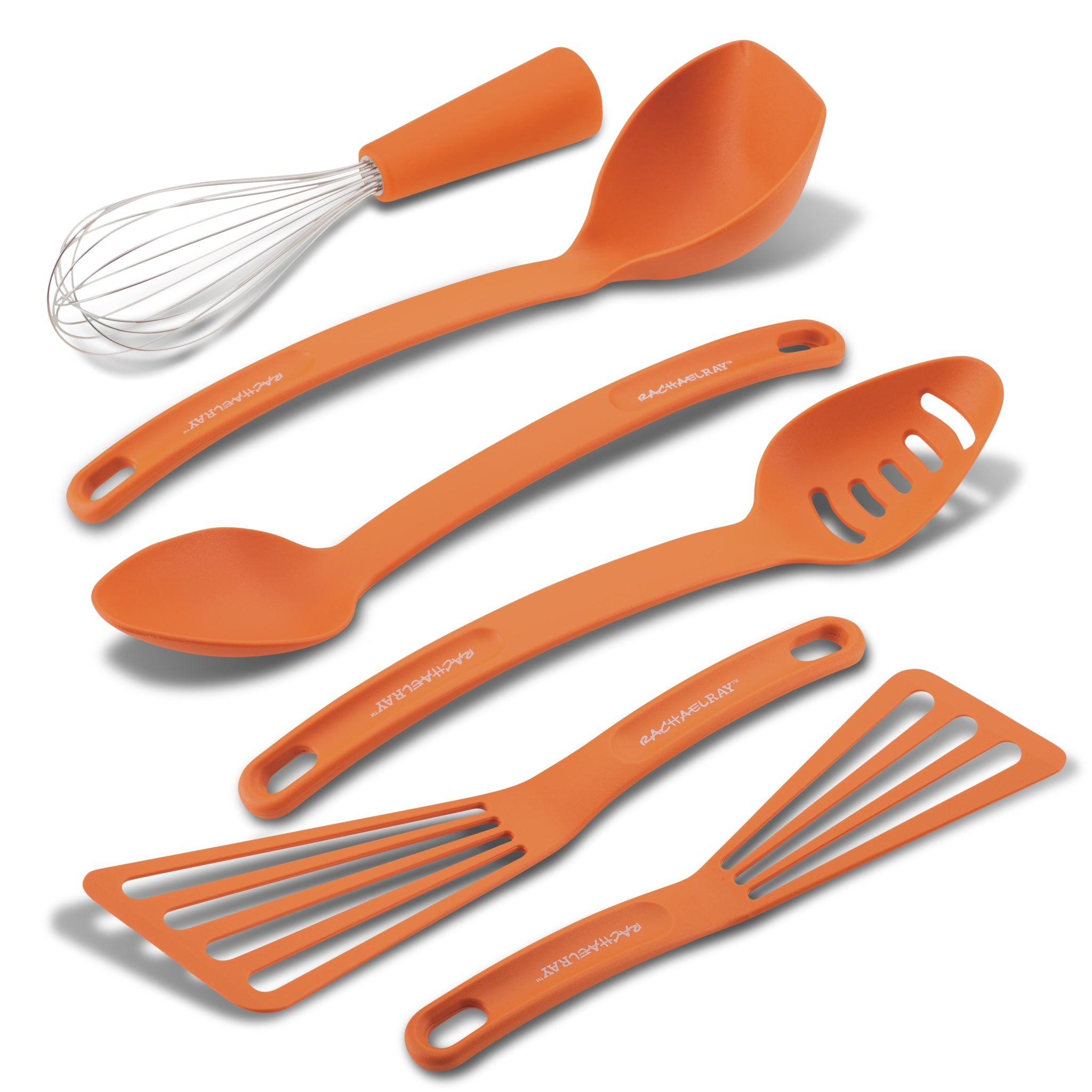 Set of five orange kitchen utensils on a white background.