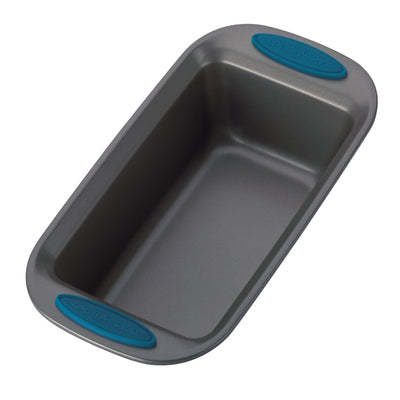 A gray loaf pan with blue silicone grips.