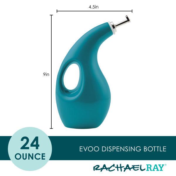 EVOO Bottle 24-Ounce in teal includes a stainless steel pour spout for precision pouring, with dimensions provided.