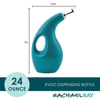 EVOO Bottle 24-Ounce in teal includes a stainless steel pour spout for precision pouring, with dimensions provided.