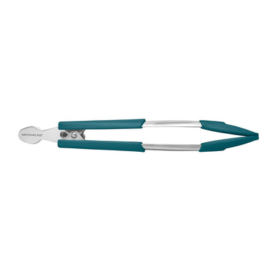 Stainless steel tongs with teal silicone grips and branded handle.