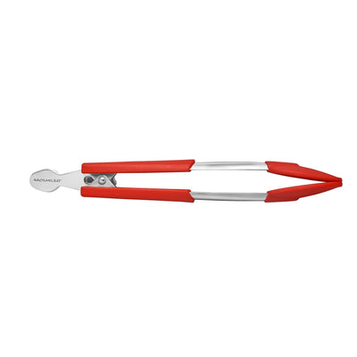 Red-handled kitchen tongs with a metal grip.