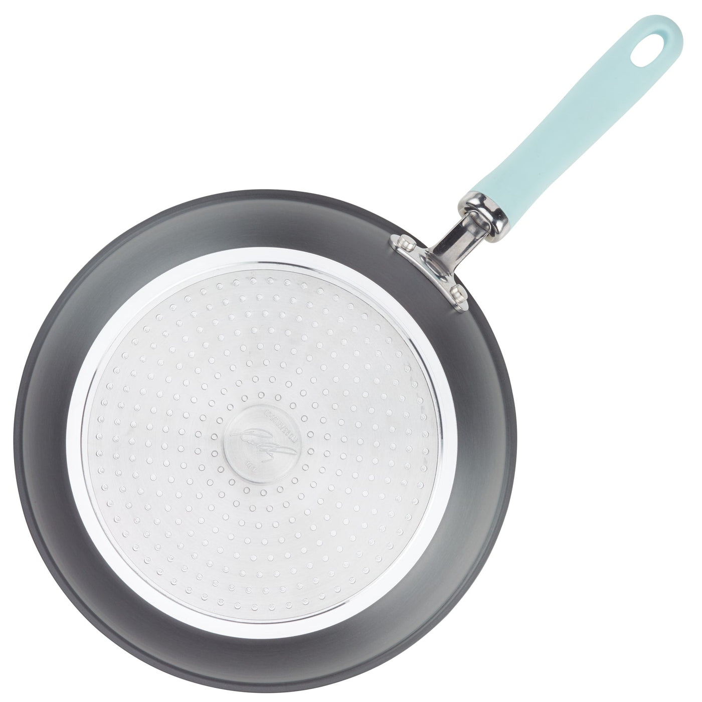 Non-stick frying pan with a light blue handle.