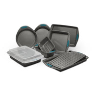 A set of gray nonstick bakeware with teal handles on display.